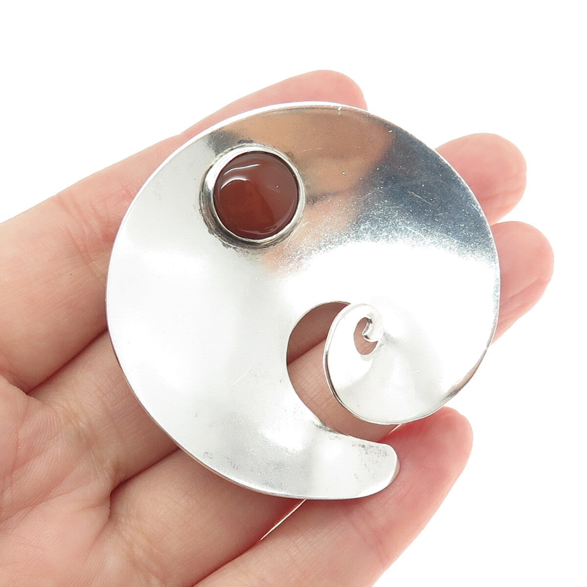 925 Sterling Silver Vintage Mexico Real Carnelian Gemstone Modernist Pin Brooch