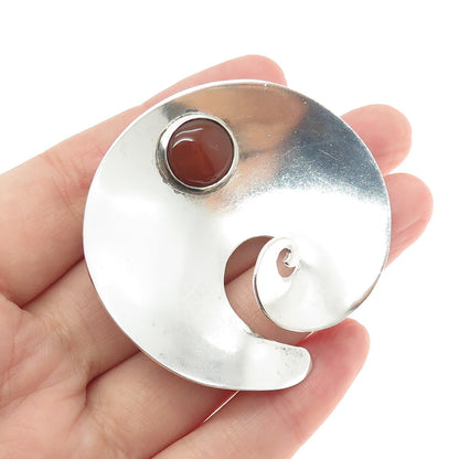 925 Sterling Silver Vintage Mexico Real Carnelian Gemstone Modernist Pin Brooch