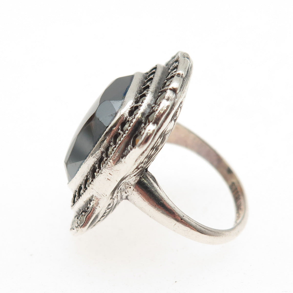 UNCAS 925 Sterling Silver Antique Art Deco Real Hematite Marcasite Ring Size 3.5