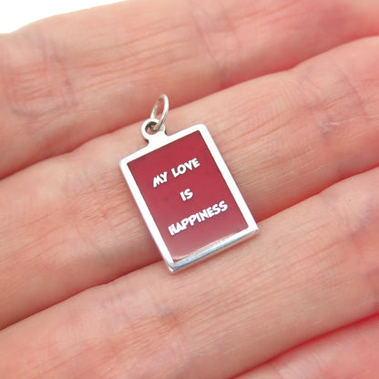 925 Sterling Silver Red Enamel My Love Is Happiness Minimalist Charm Pendant