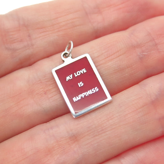 925 Sterling Silver Red Enamel My Love Is Happiness Minimalist Charm Pendant