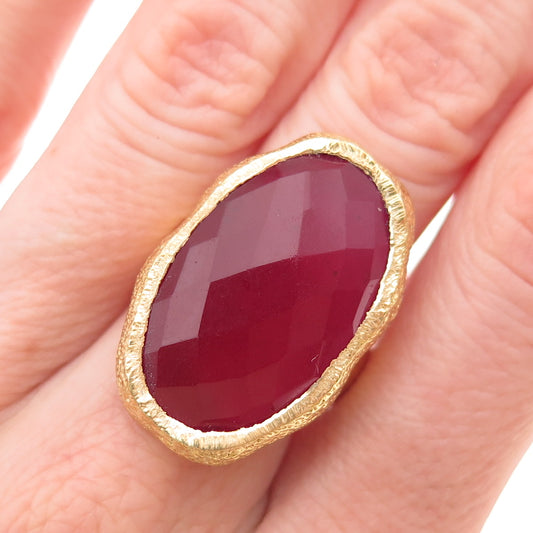 925 Sterling Silver Gold Plated Real Pink Quartz Modernist Ring Size 7.25