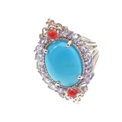Chuck Clemency 925 Sterling Silver Real Turquoise Tanzanite & Coral Ring Size 8