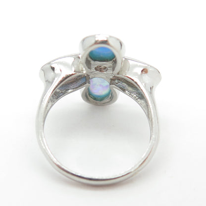 925 Sterling Silver Real Opal & C Z Floral Ring Size 6.25