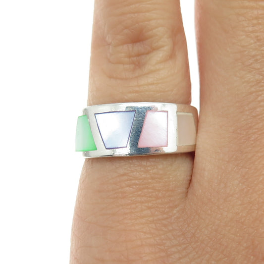 925 Sterling Silver Vintage Real Multi-Color Mother-of-Pearl Ring Size 5