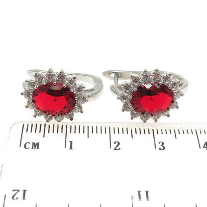 925 Sterling Silver Oval & Round-Cut Red & White C Z Floral Earrings