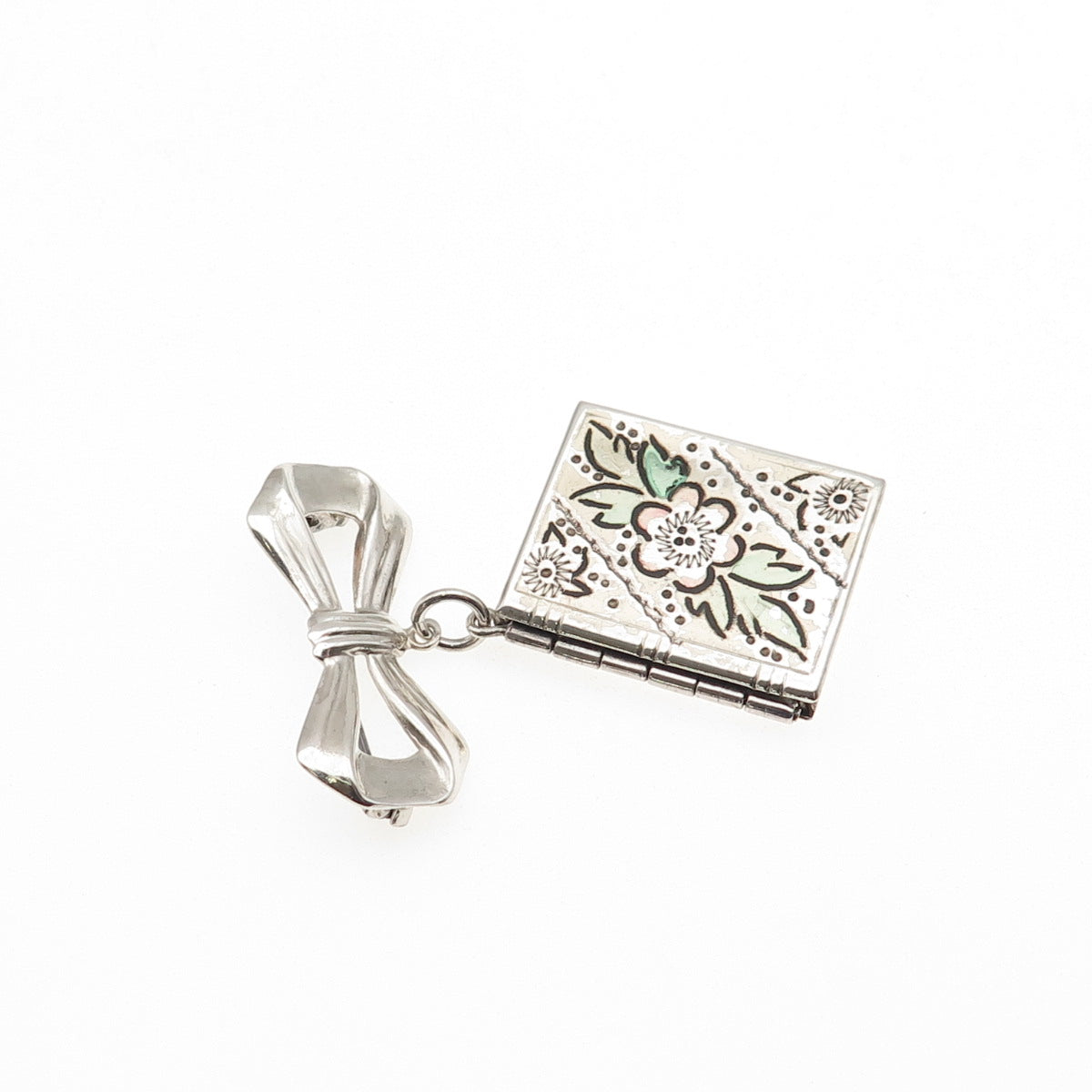 925 Sterling Silver Antique Art Deco Bow Floral Locket Pin Brooch