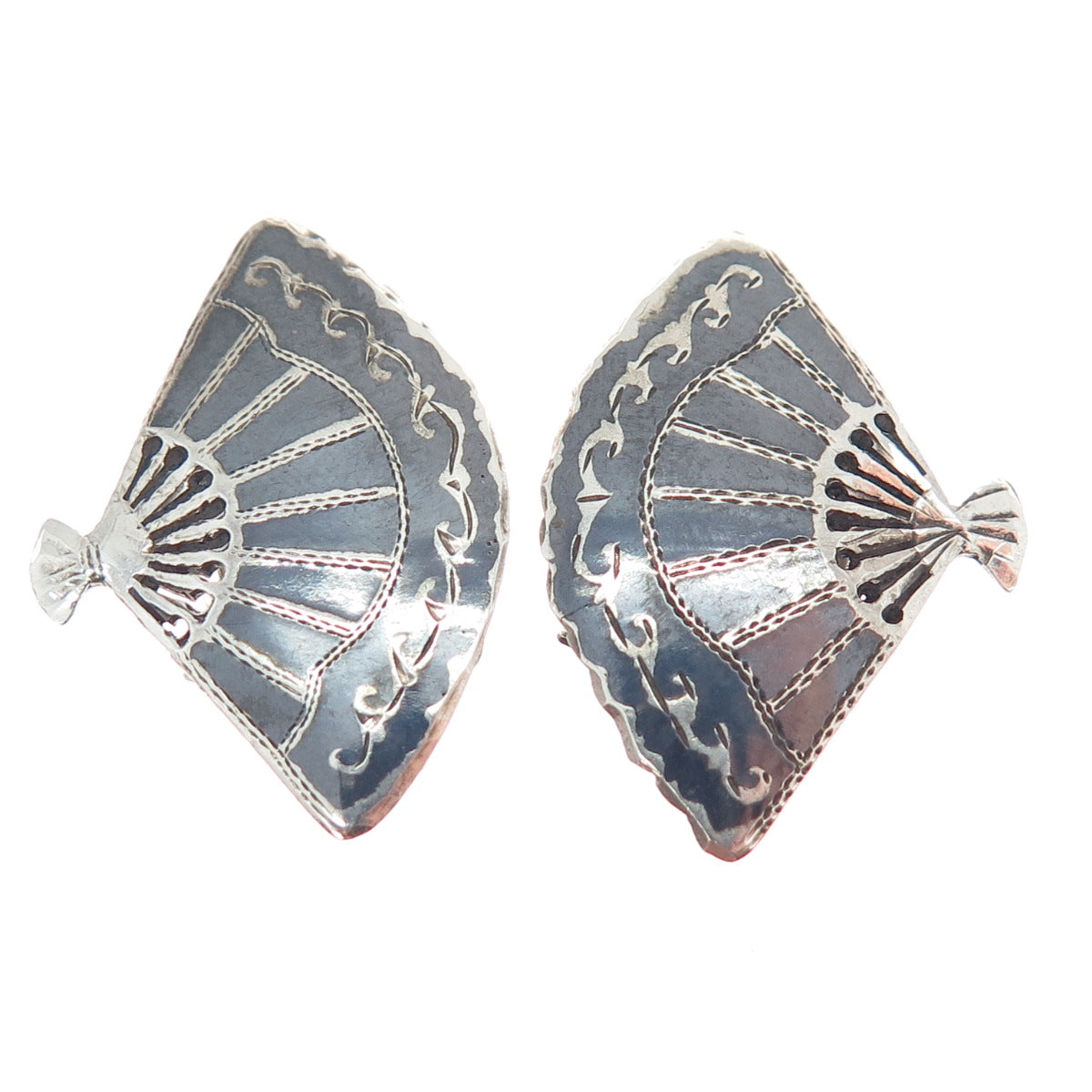 925 Sterling Silver Antique Siam Niello Fan Clip On Earrings