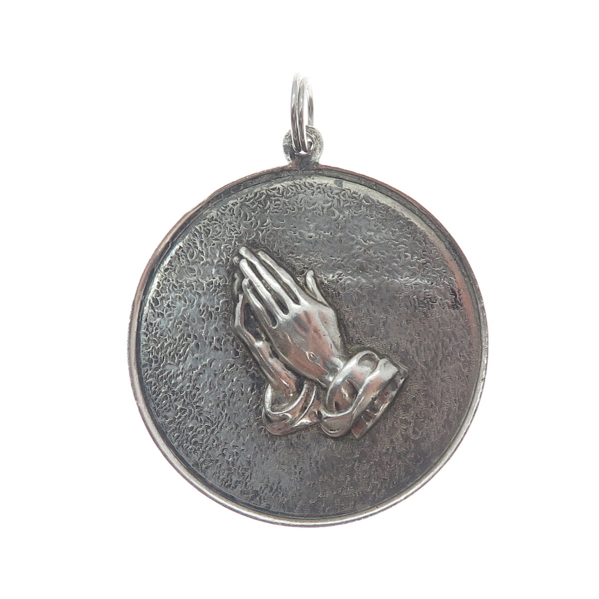 925 Sterling Silver Vintage Hands In Prayer Religious Oxidized Round Pendant