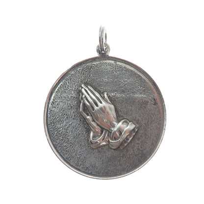 925 Sterling Silver Vintage Hands In Prayer Religious Oxidized Round Pendant