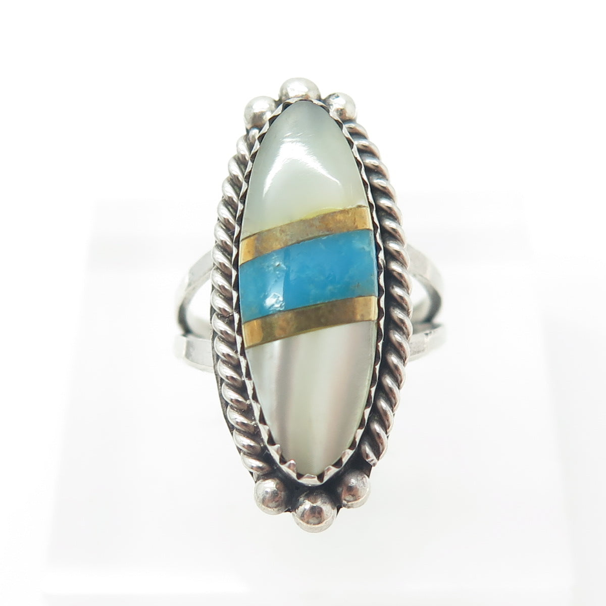 JONATHAN BEYUKA ZUNI Old Pawn Sterling Silver 2-Tone Turquoise & MOP Ring Size 5