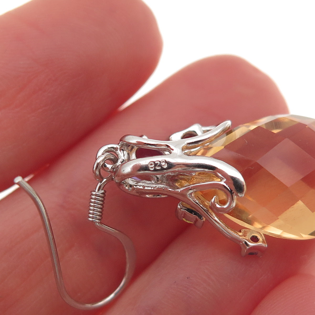 925 Sterling Silver Real Citrine Amethyst Peridot & Red Garnet Dangle Earrings