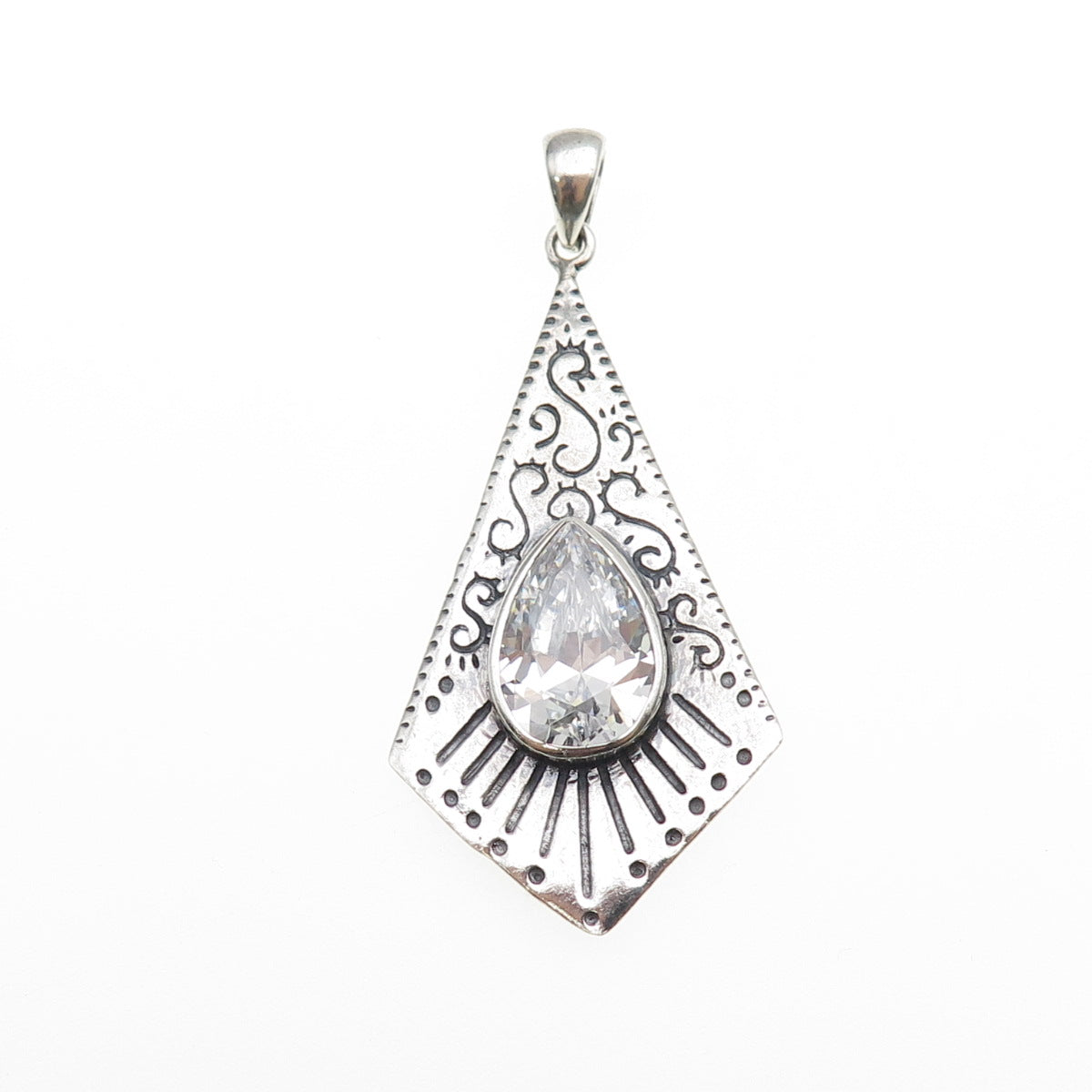 KEN CRAFTS 925 Sterling Silver Vintage Pear-Cut C Z Swirl Oxidized Pendant