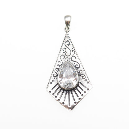 KEN CRAFTS 925 Sterling Silver Vintage Pear-Cut C Z Swirl Oxidized Pendant