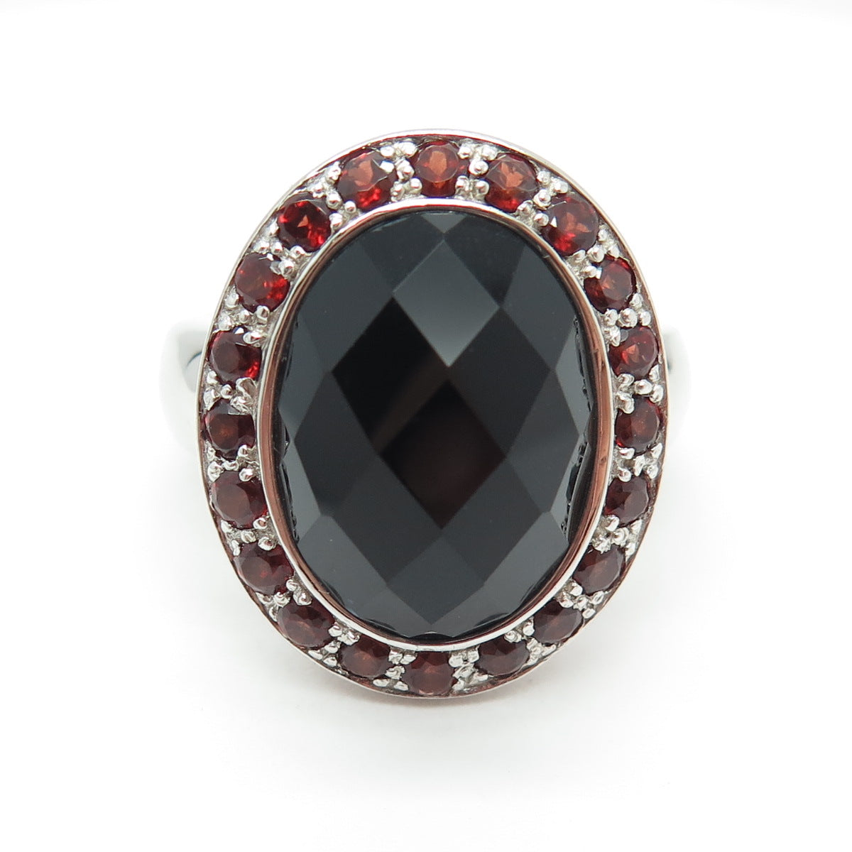 925 Sterling Silver Real Black Spinel & Red Garnet Ring Size 10