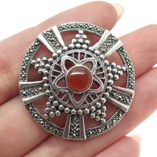 925 Sterling Silver Vintage Real Carnelian & Marcasite Oxidized Wheel Pin Brooch