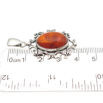 925 Sterling Silver Vintage Real Amber Modernist Floral Charm Pendant