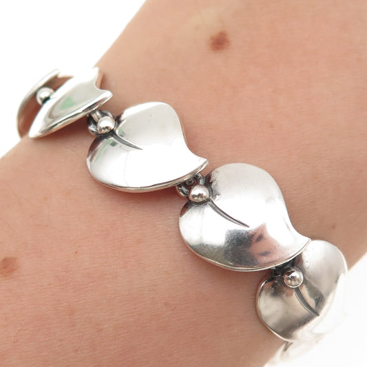 830 Silver Vintage Modernist Floral Heart Link Oxidized Bracelet 7"