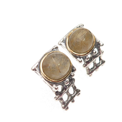 925 Sterling Silver 14K Gold Vintage Real Rutilated Quartz Modernist Earrings