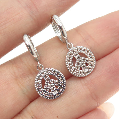 925 Sterling Silver Pave C Z Symbol of Peace Dangling Earrings