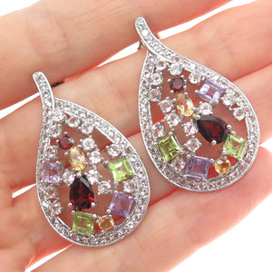 925 Sterling Silver Real White Topaz Peridot Amethyst Garnet & Citrine Earrings