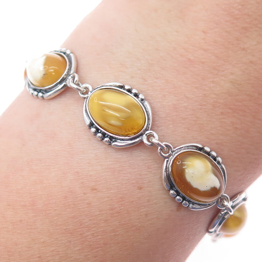 925 Sterling Vintage Real Scottish Egg Yolk Amber Modernist Bracelet 7.25"