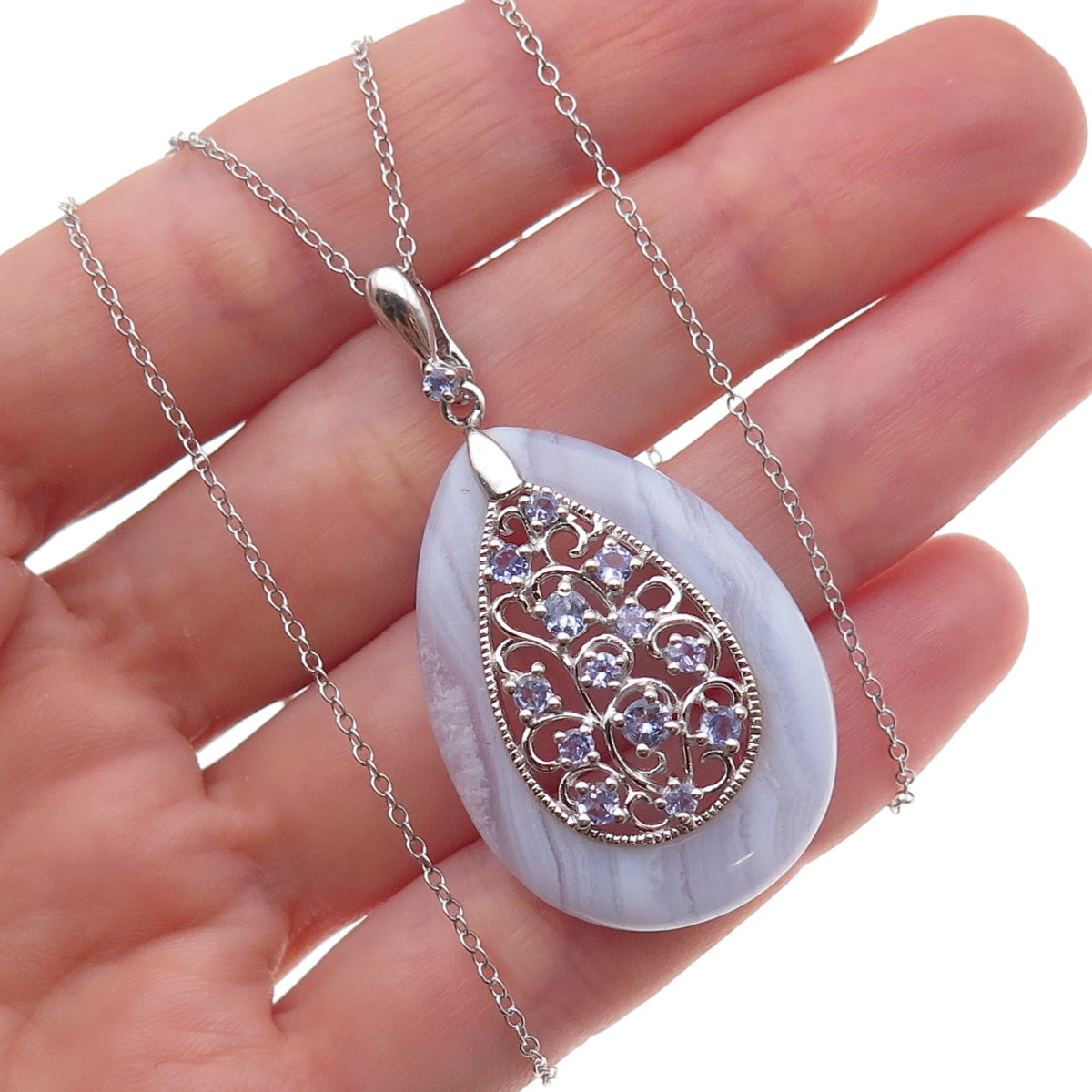 925 Sterling Silver Real Lace Agate Tanzanite Teardrop Cable Chain Necklace 18"