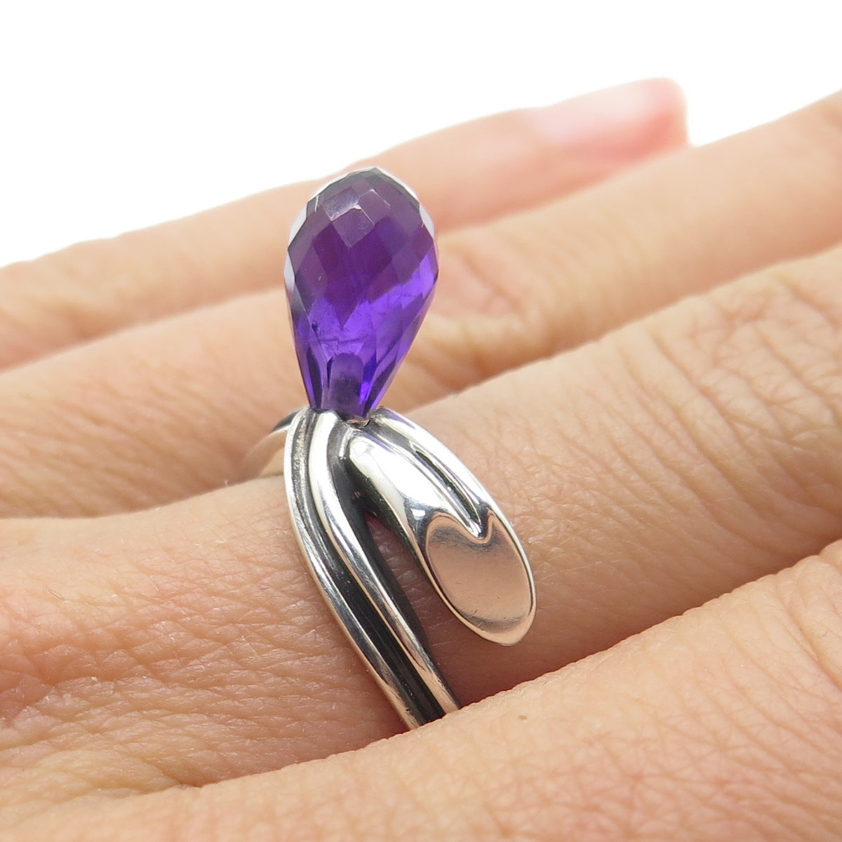 925 Sterling Silver Real Checkered Amethyst Gemstone Modernist Ring Size 6.75