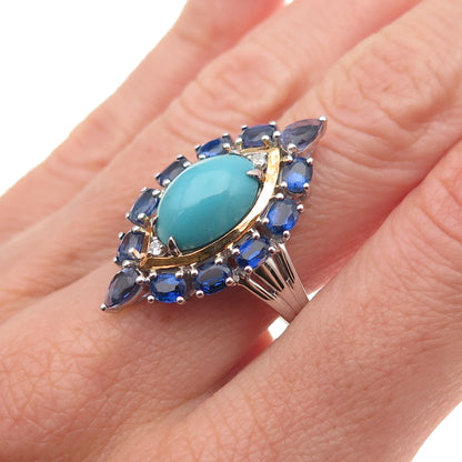 925 Sterling Silver 2-Tone Real Turquoise Sapphire & White Topaz Ring Size 8.25