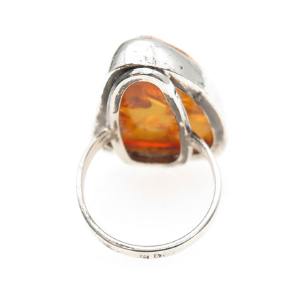 925 Sterling Silver Vintage JB Poland Real Amber Modernist Oxidized Ring Size 8