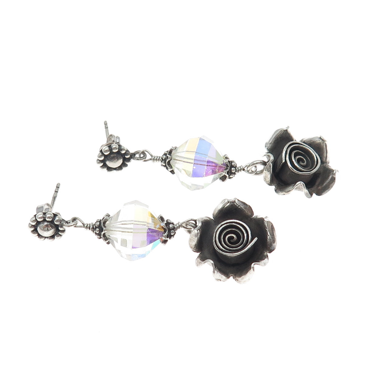 DOUG PAULUS Sterling Silver Vintage Crystal Rose Flower Oxidized Dangle Earrings