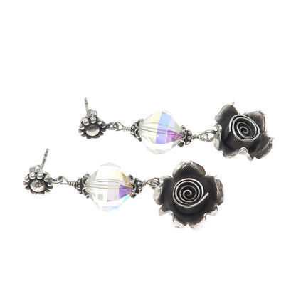 DOUG PAULUS Sterling Silver Vintage Crystal Rose Flower Oxidized Dangle Earrings
