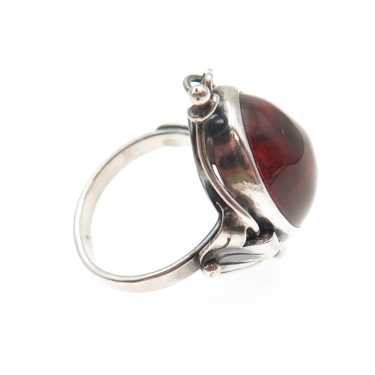 800 Silver Vintage Poland Real Amber Modernist Oxidized Ring Size 7.5
