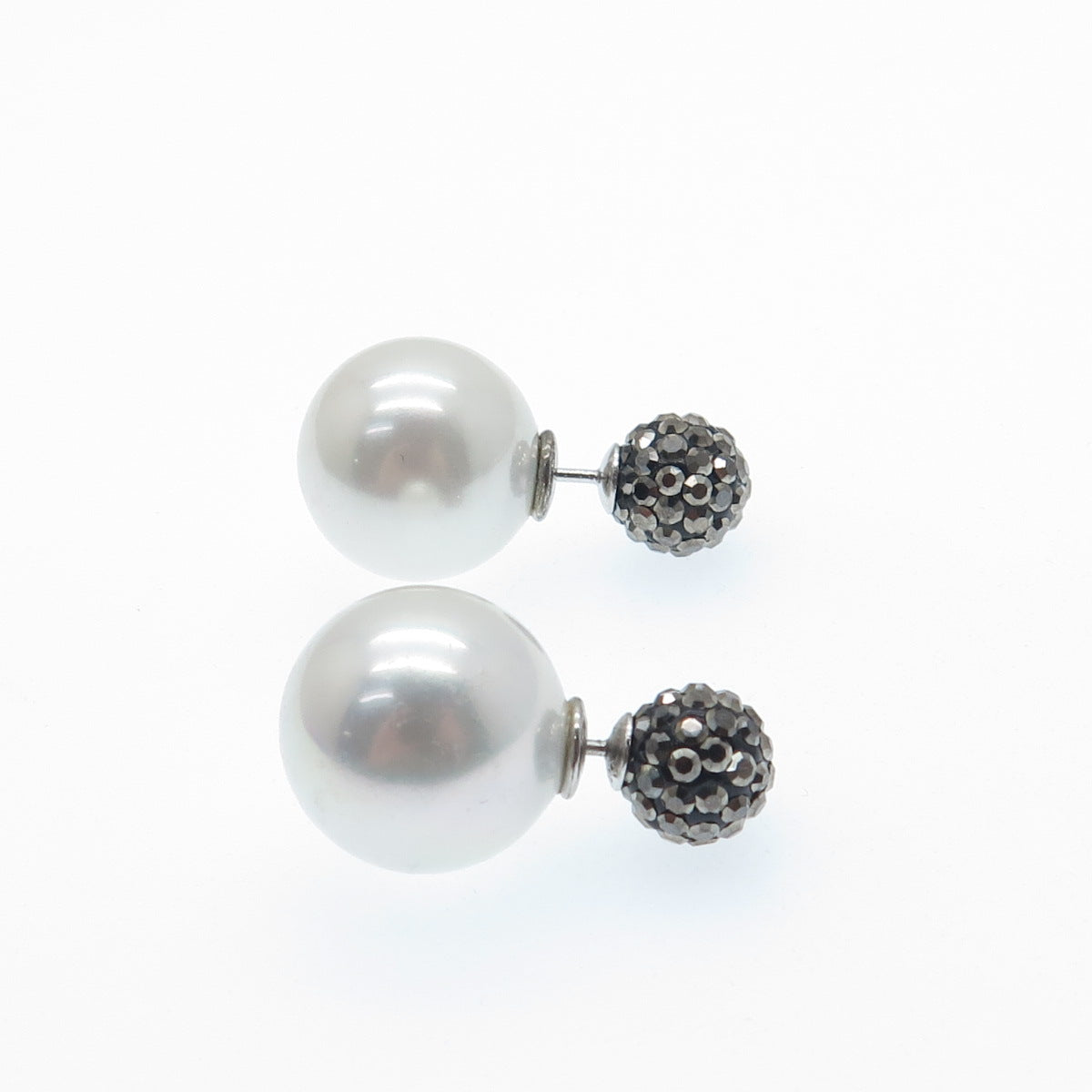 925 Sterling Silver Real Marcasite & Faux Pearl 10mm Double Sided Stud Earrings