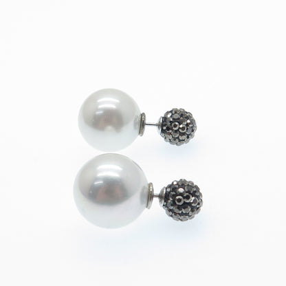 925 Sterling Silver Real Marcasite & Faux Pearl 10mm Double Sided Stud Earrings