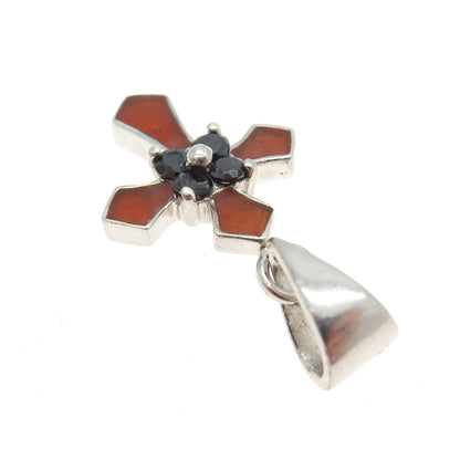 925 Sterling Silver Vintage Enamel Real Black Spinel Cross Pendant