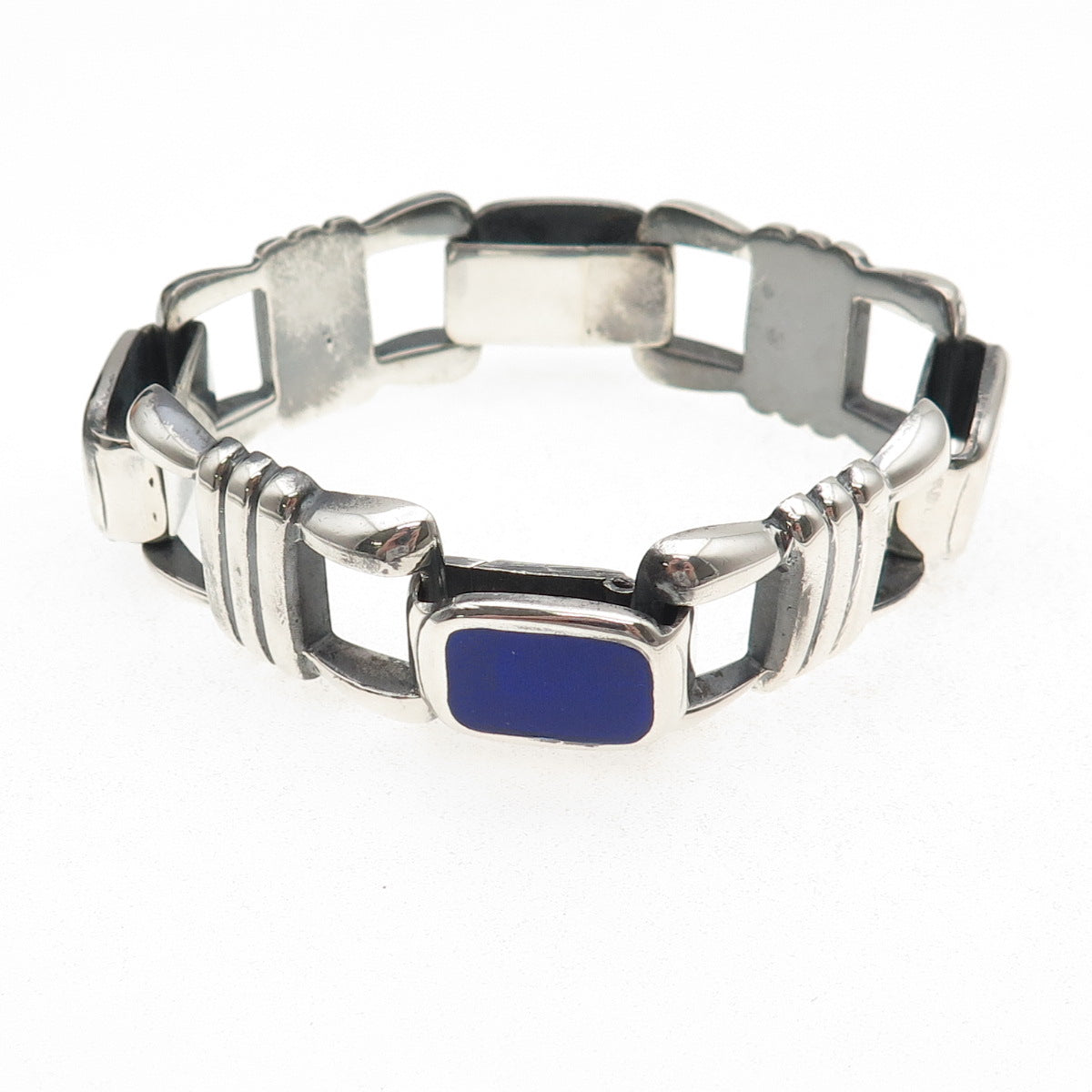 925 Sterling Silver Vintage Italy Real Lapis Heavy 76.4g Anchor Link Bracelet 7"