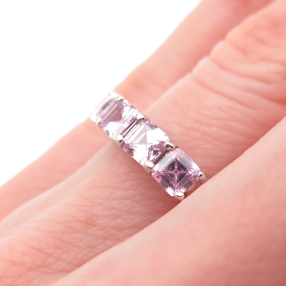 925 Sterling Silver Asscher-Cut Pink C Z Half Eternity Band Ring Size 5