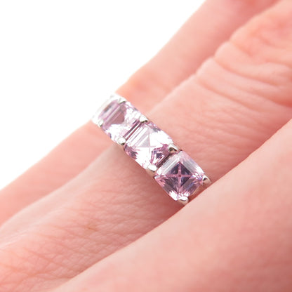 925 Sterling Silver Asscher-Cut Pink C Z Half Eternity Band Ring Size 5