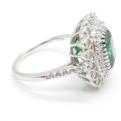 925 Sterling Silver Green Octagon-Cut & White Round-Cut Shaped C Z Ring Size 8