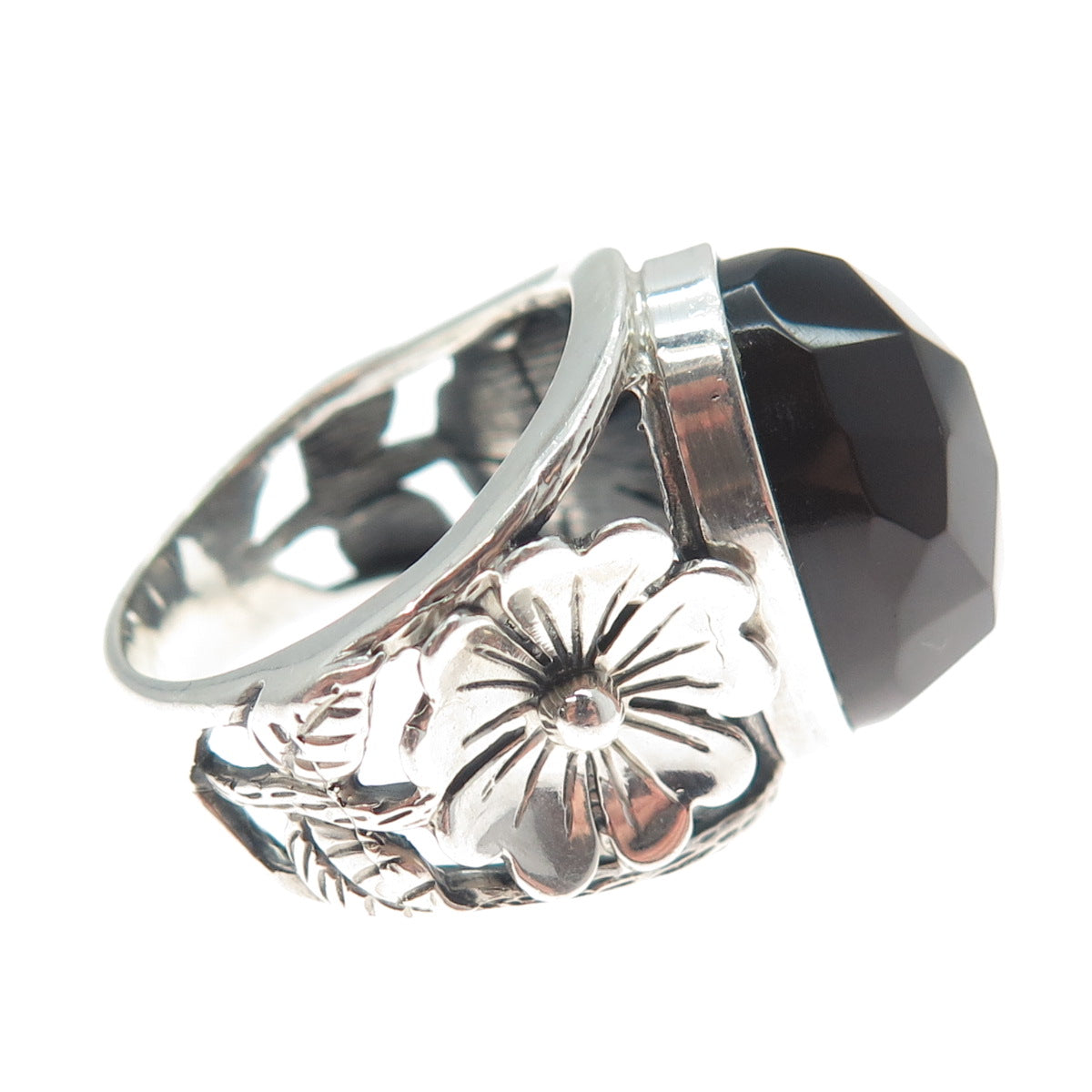 RIDER 950 Silver Vintage Real Black Onyx Flower Blossom Ring Size 9.5