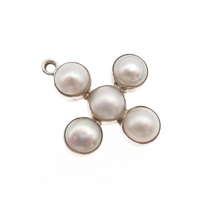 925 Sterling Silver Vintage Real Pearl Cross Beaded Charm Pendant