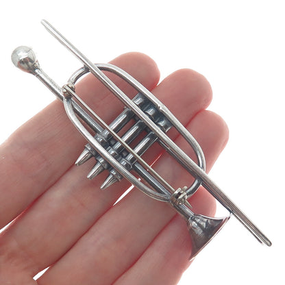 925 Sterling Silver Vintage Trombone Music Instrument Oxidized Pin Brooch