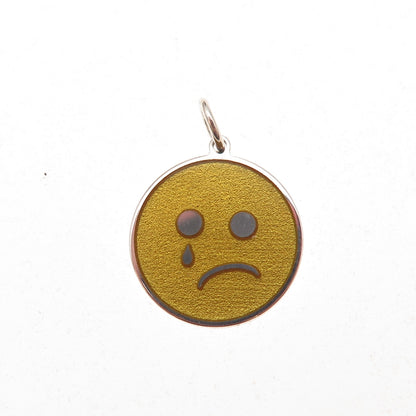 925 Sterling Silver Yellow Enamel Sad Face Emoji Charm Pendant