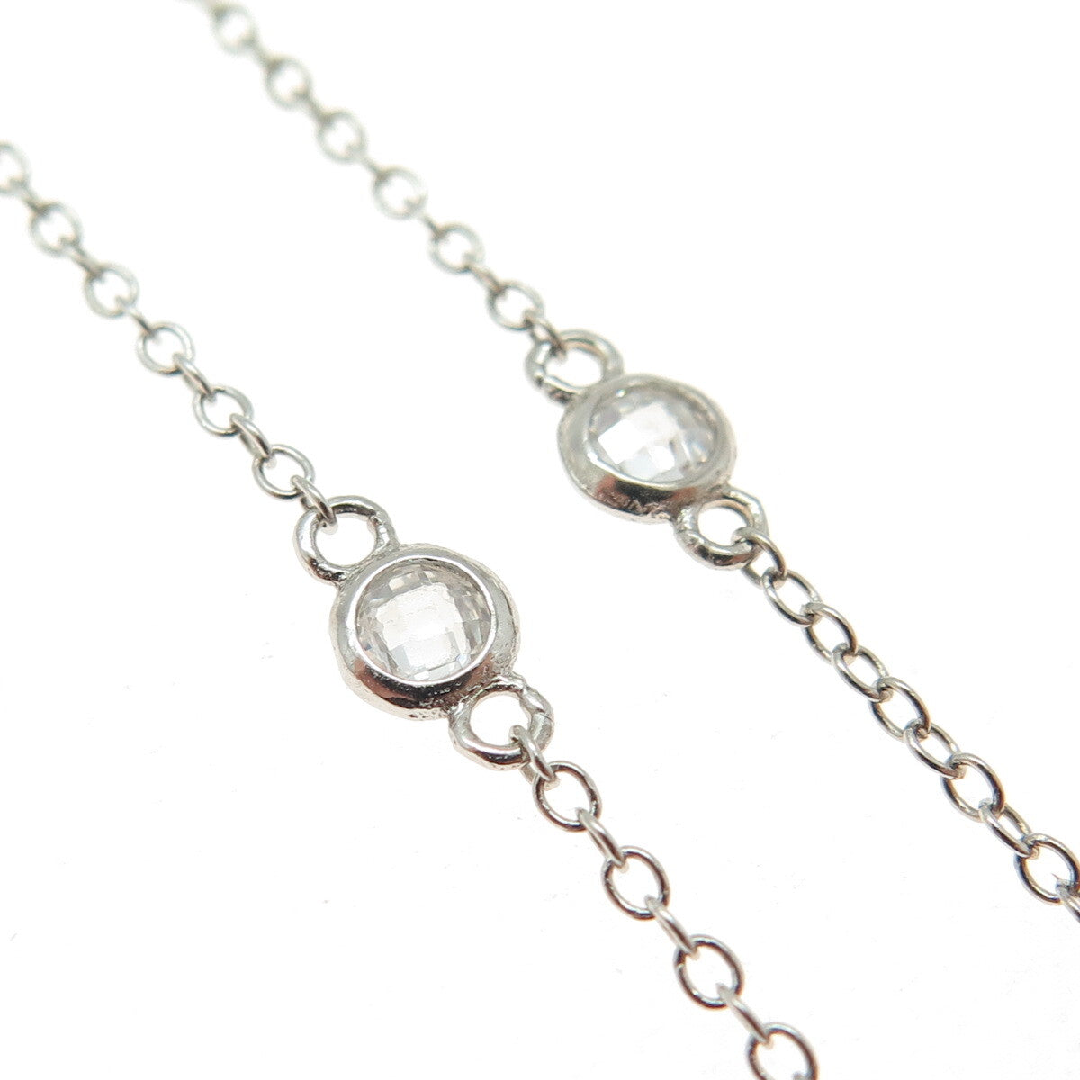 925 Sterling Silver Blue & White C Z Station Chain Necklace 18"