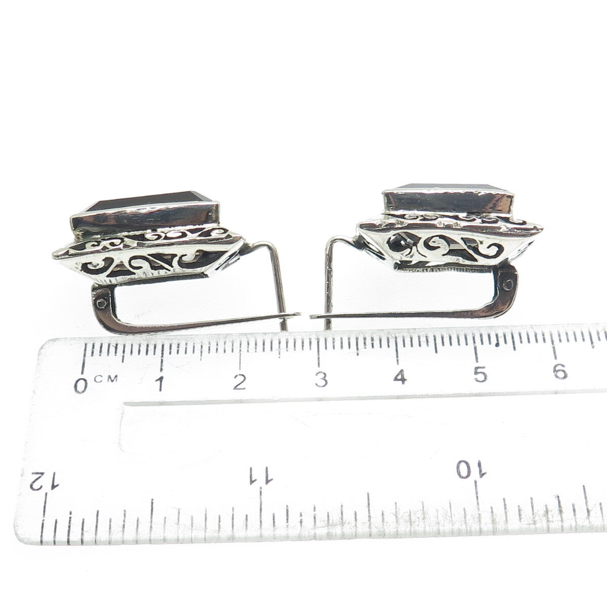 925 Sterling Silver Vintage Real Emerald-Cut Smoky Quartz Ornate Swirl Earrings
