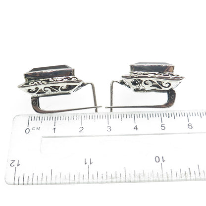 925 Sterling Silver Vintage Real Emerald-Cut Smoky Quartz Ornate Swirl Earrings