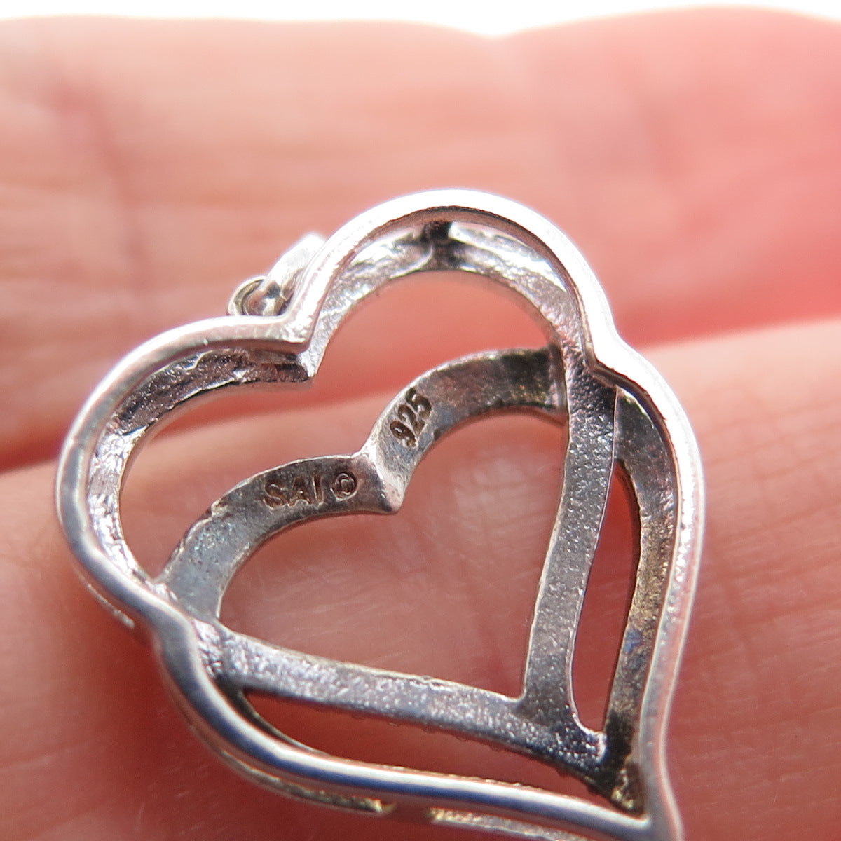 SAI 925 Sterling Silver Real Diamond Accent Double Heart Mini Charm Pendant