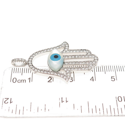 925 Sterling Silver Real MOP Turquoise Black Onyx & C Z Hamsa Amulet Pendant