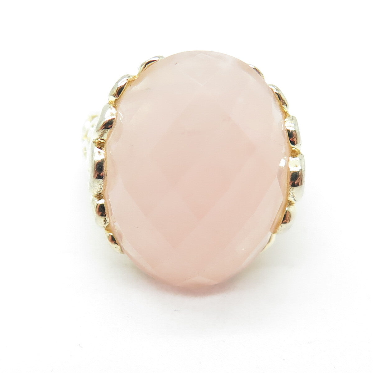 925 Sterling Silver Gold Plated Checkered Rose Quartz Ornate Ring Size 6.25